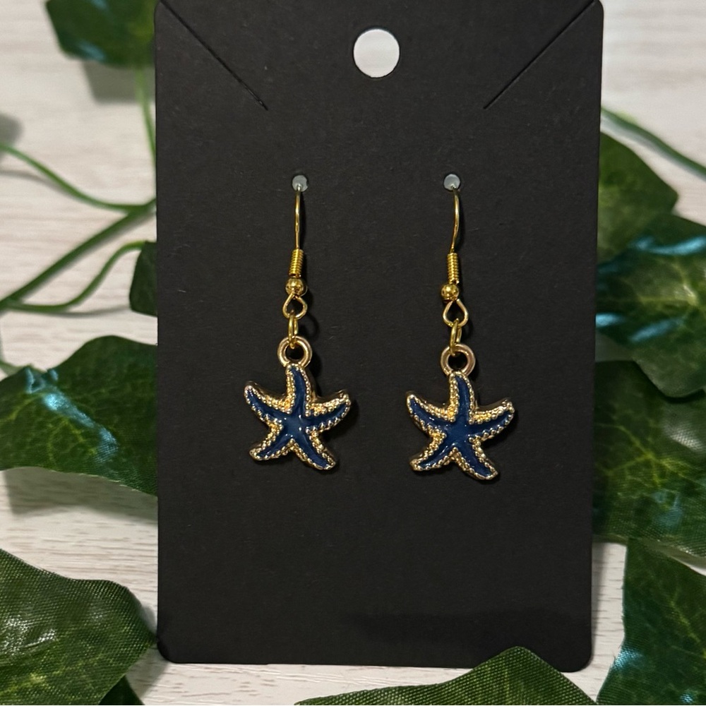 2/15 New Navy Blue Starfish Earrings Gold Accents Ocean Beach Jewelry Earrings